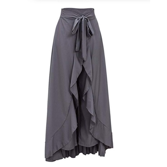 Grey Chiffon Ruffle Pant Maxi Skirt - Picture 3 of 8
